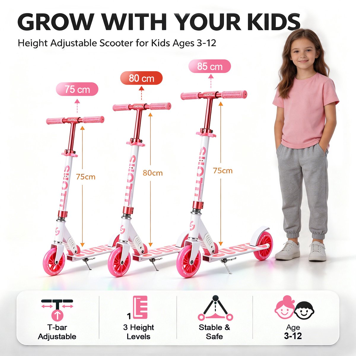 Suotu Kinderstep - 145mm Lichtgevende Wielen - Step - Speelgoed Jongens/Meisjes - Max stuurhoogte: 85 cm - Aluminium - Roze/Wit — afbeelding 5