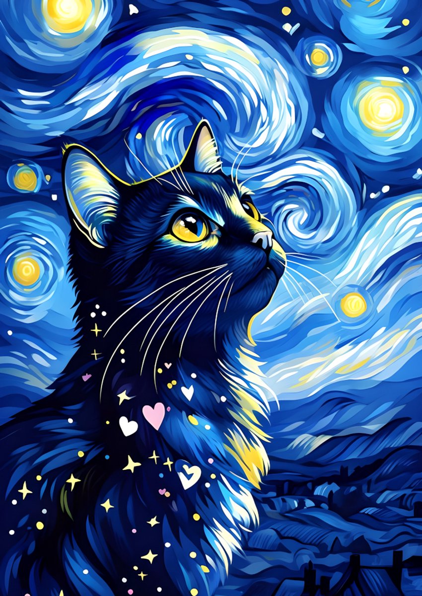 Poster "Starry Night Cat" – A4 Formaat – Zonder Lijst – Van Gogh Inspiratie – 210g Glossy Fotopapier – Wanddecoratie