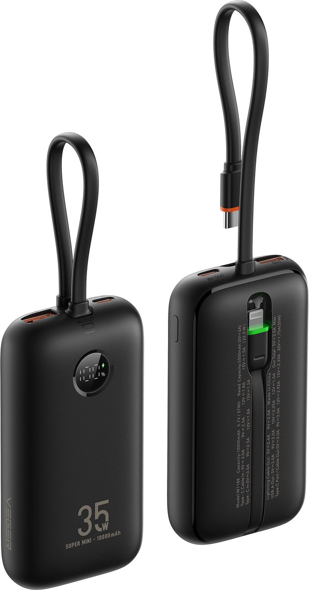 Veger Powerbank - K1 - W1188 - 10.000 mAh - 35 Watt - Snellader - LED Display - Laptop - Zwart