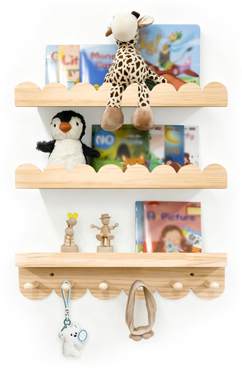 Zwevende Wandplank Hout 3 stuks - Wandplank kinderkamer met haken - 40 cm golvende rand boekenrek - Babykamer decoratie voor boeken, planten, speelgoed en fotolijstjes - Houtkleur