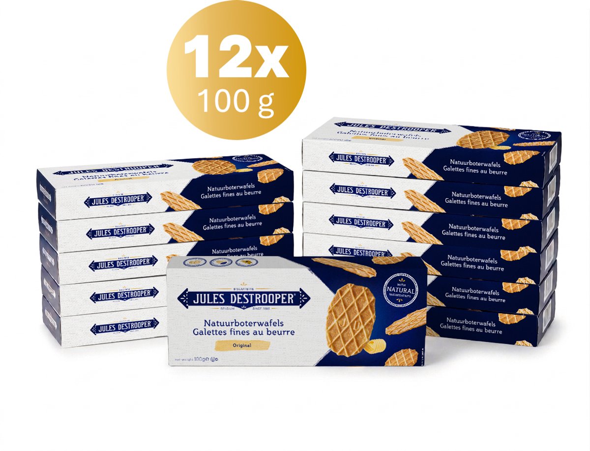 Jules Destrooper Natuurboterwafel Koekjes 12 x 100g - Koffiekoekjes in grootverpakking voor bij de koffie of thee - Assortiment van 12 dozen individueel verpakt - Classic Range