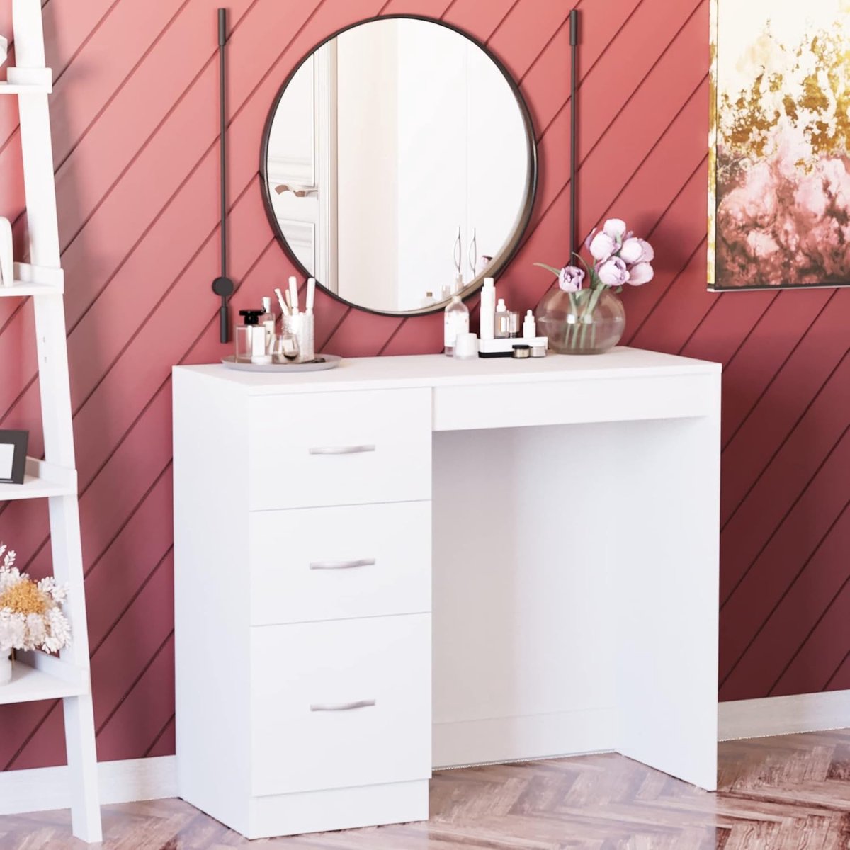 Luxe Moderne Kaptafel met 3 Lades en Ruim Werkblad 93x38x79 cm – Witte Make-up Tafel voor Slaapkamer met Opbergruimte – Casa Dorada