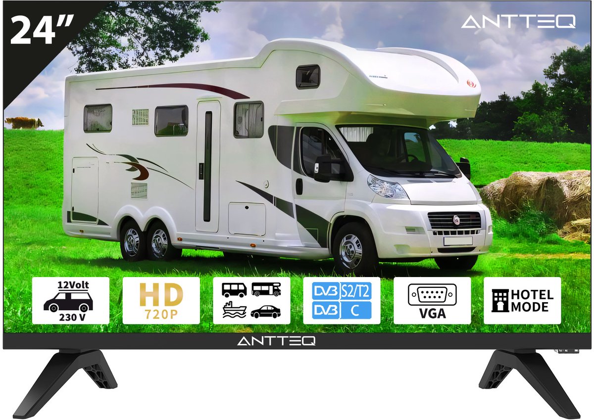 ANTTEQ AE24H5C-Q1 - 24 Inch (61 cm) HD LED TV - 12V & 230V - Geschikt voor Camper, Caravan & Vrachtwagen - DVB-S2/T2/C - Hotelmodus