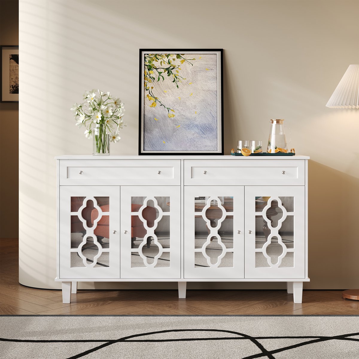 KOMHTOM BLACKCOLORS Sideboard met vier spiegeldeuren, ladekast met lades, verstelbare legplanken en kristallen handgrepen Wit