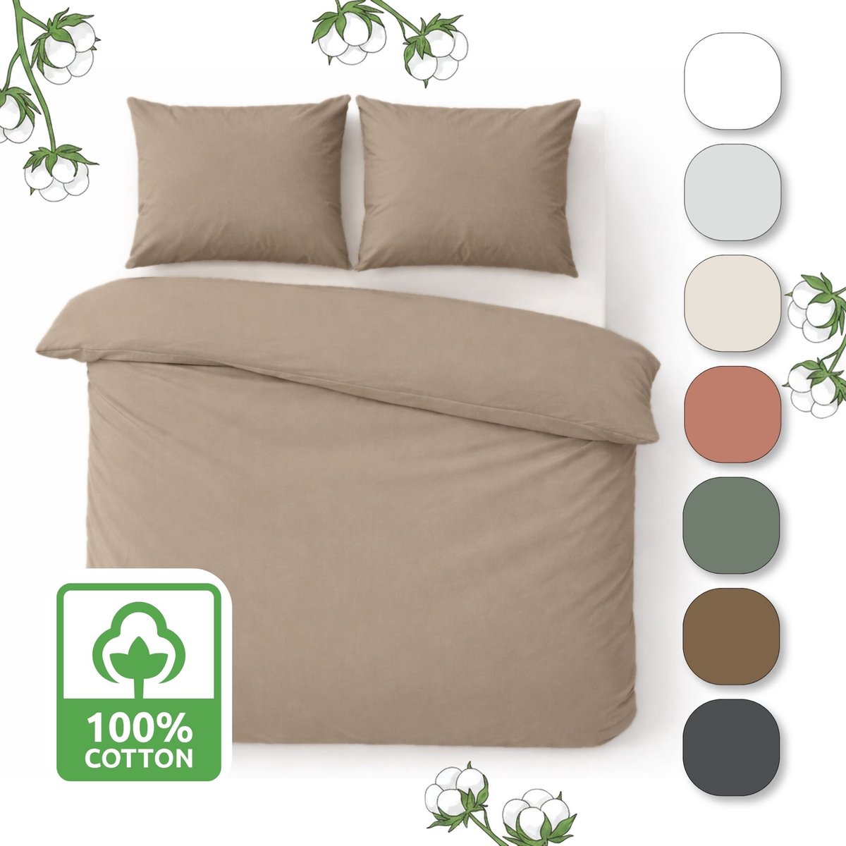Muné Bedding - Hotelkwaliteit Dekbedovertrek Perkal Katoen 200TC - 260x220 - Inclusief Kussensloop | 3-zijdige Rits - Taupe