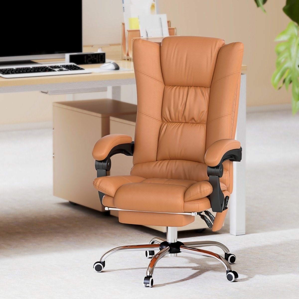 MODENUIT Bureaustoel 64 x 70 x 110-118 cm - Massage, Verwarming en Ligfunctie - Voor Kantoor - Kunstleer - Bruin