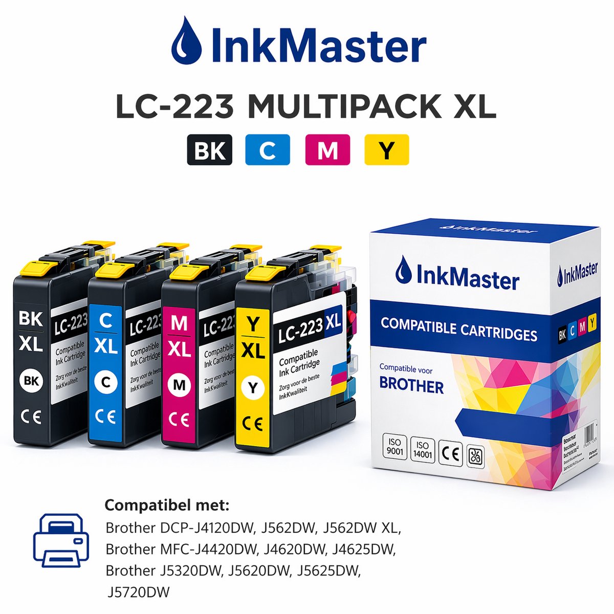 Inktcartridge compatibel voor Brother LC223 XL Multipack 4 kleurenui (bk 20 ml ) kleur (12ml) DCP-J4120DW MFC-J4420DW MFC-J4425DW MFC-J4620DW MFC-J4625DW MFC-J5320DW MFC-J5620DW MFC-J5625DW MFC-J5720DW LC-223 Multipack BK M C Y