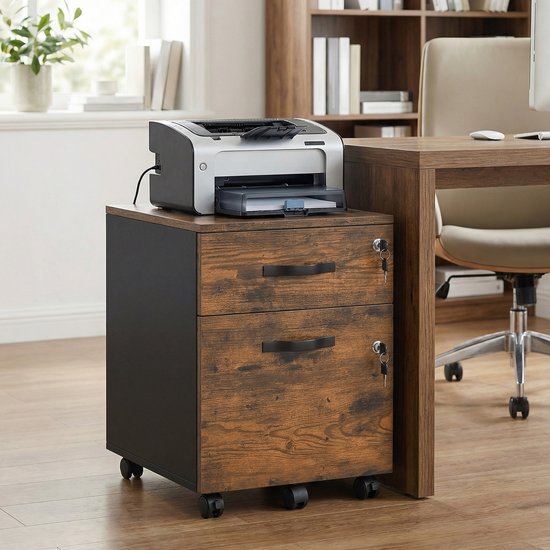 Bruin met zwart ladeblok met 2 lades, met printer erop, in een kantooromgeving.