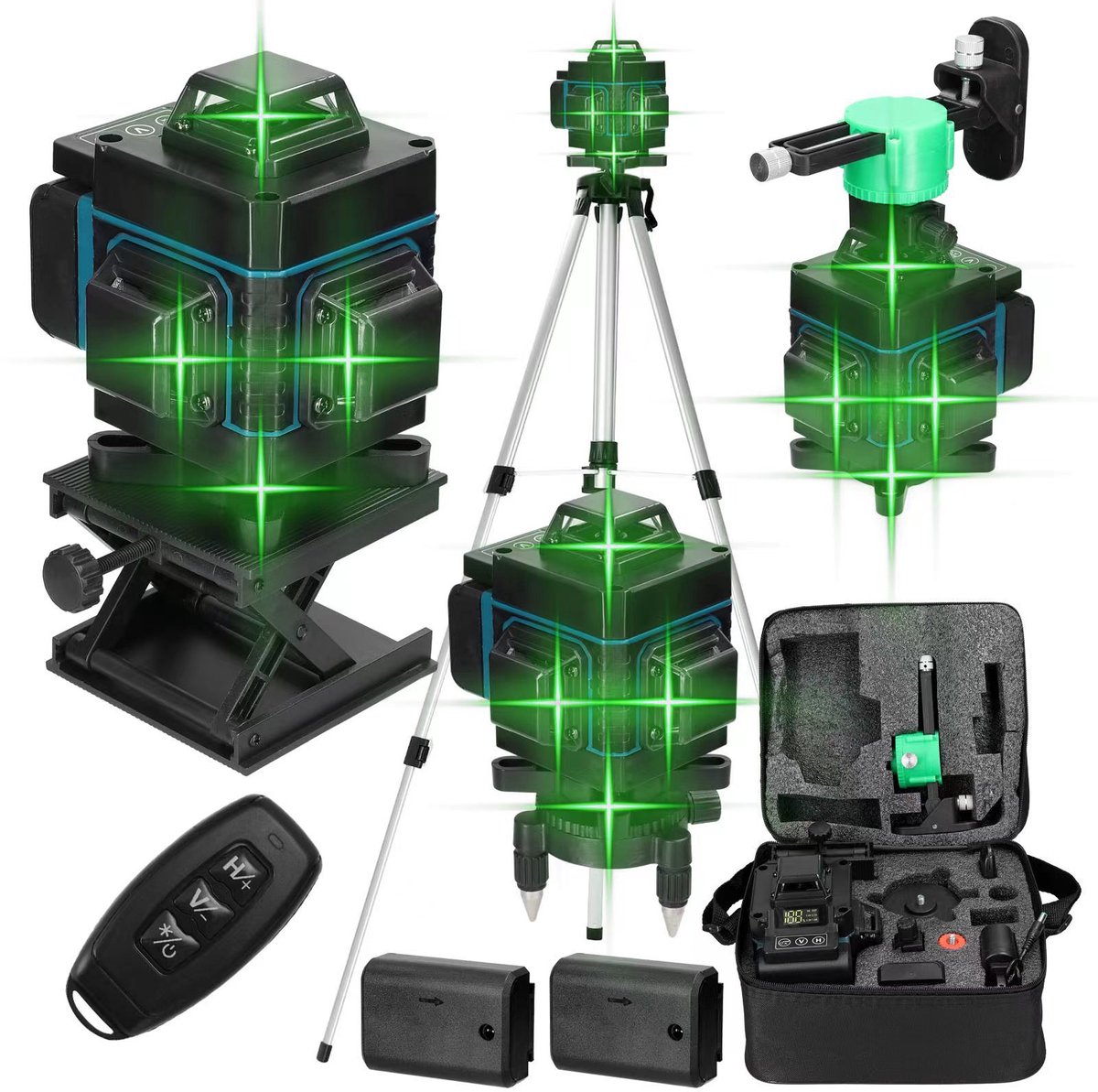 16 Lijnen Kruislijnlaser – 4D 360° Groen Laser – Zelfnivellerend – Afstandsbediening – IP54 Waterdicht – 3600mAh – Statief Set voor Tegelwerk & Bouw