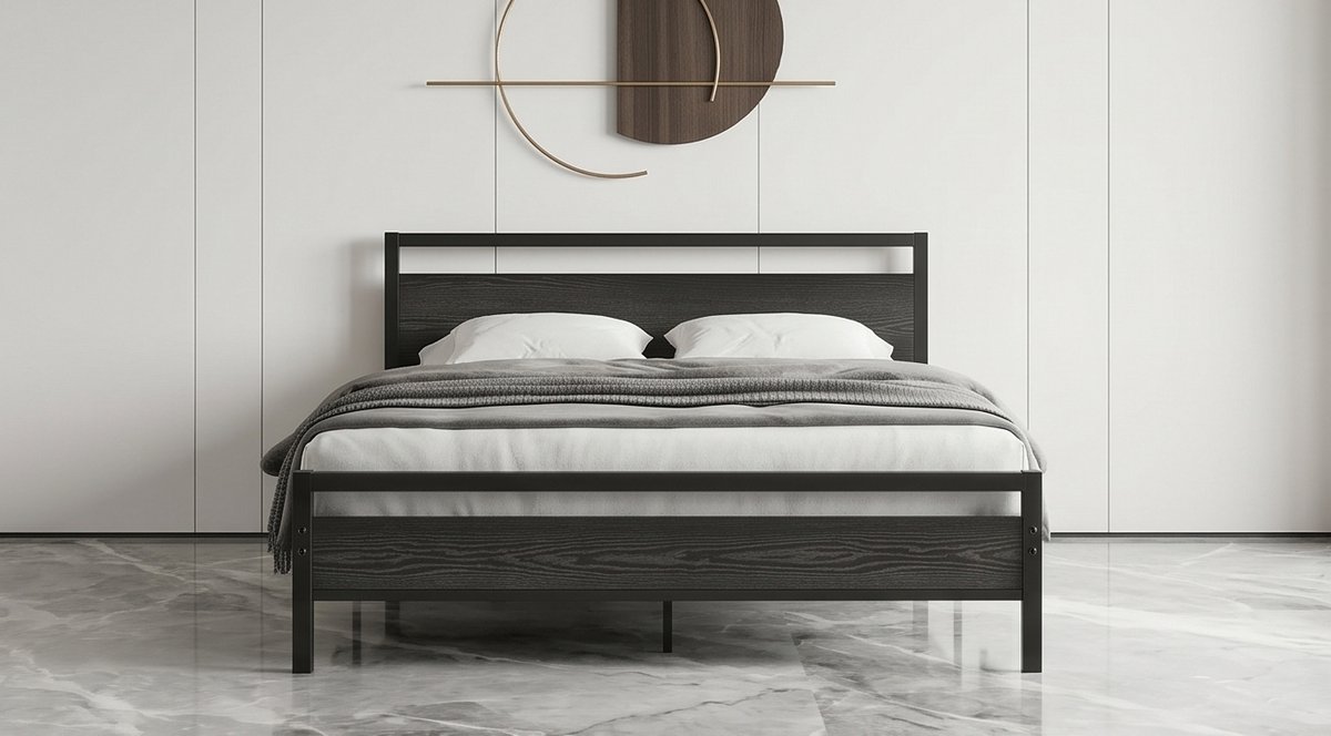 Modern Industrieel Bedframe 140x200 cm met Hoofdbord en Lattenbodem – Stevig Metaal & Hout, Zonder Boxspring, Geluidsvrij, Met Opbergruimte – Zwart – Mobili Bella