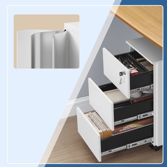 Detail van een open lade van een wit ladeblok, met metalen rails. De lade toont boeken en een calculator.