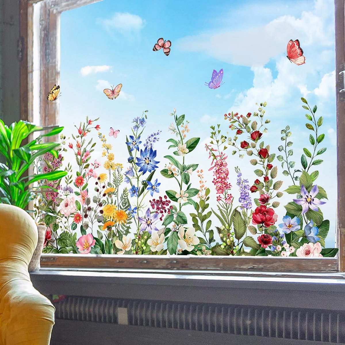 Cyslmuk 2 vellen 30 x 60cm Kleurrijke raamstickers met bloemenmotief, muurstickers met wilde bloemen in aquarel, herbruikbaar en verwijderbaar, dubbelzijdig, voor thuis- en kantoordecoratie| Cyslmuk®