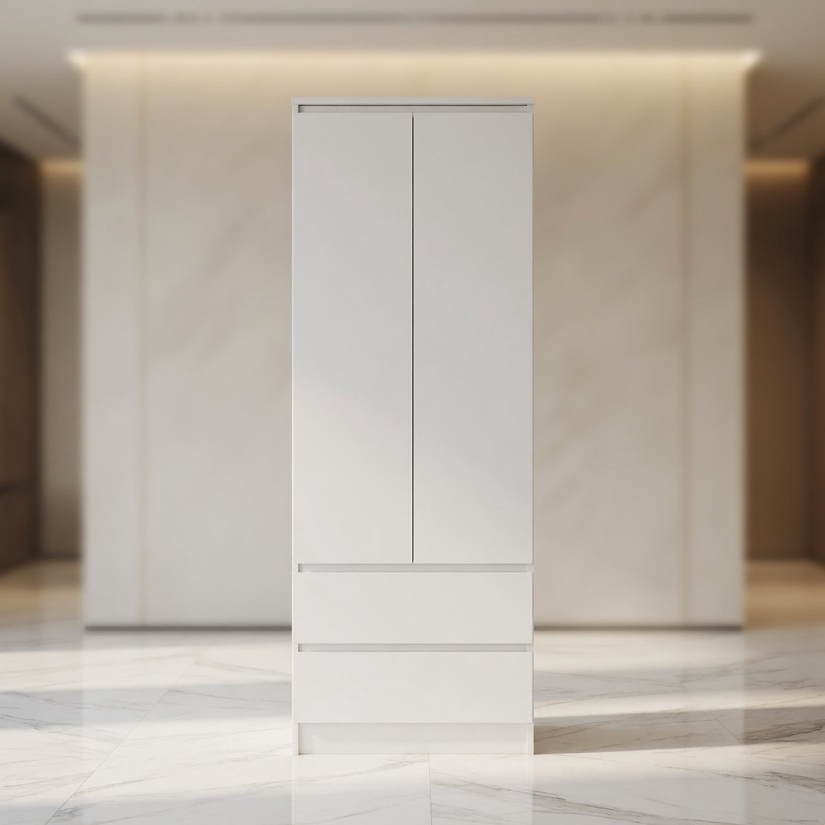 Luxe 2-Deurs Kledingkast met Lades – Compacte Garderobekast 180x60x51 cm – Moderne Opbergkast met Hangruimte en Laden – Slaapkamer, Hal, Kinderkamer – Wit Mobili Bella