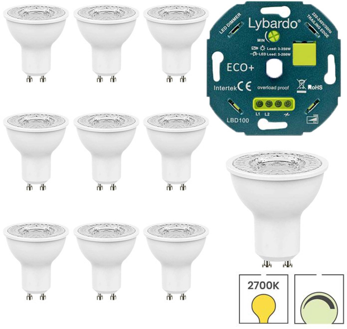 Lybardo - GU10 LED lamp - 10 pack - 7W - Dimbaar - Modern Warmwit Licht + LED Dimmer 3-200W