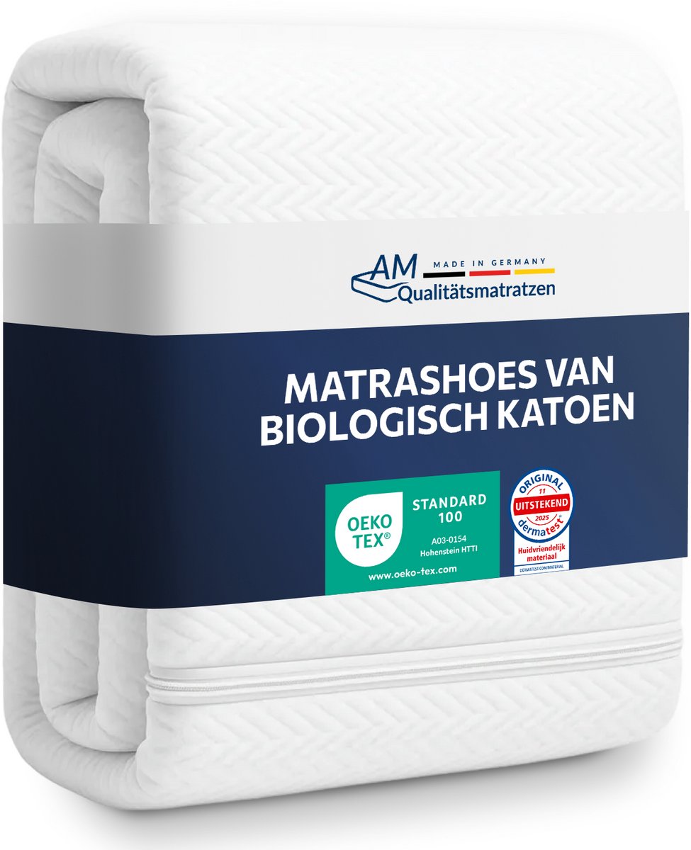 AM Qualitätsmatratzen Hoogwaardige Organic-Cotton Matrashoes 200x200cm met ritssluiting - 14 cm Kernhoogte - Allergeen vrij - Wasbaar op 60 graden - 4-zijdige ritssluiting - 200x200 Wit