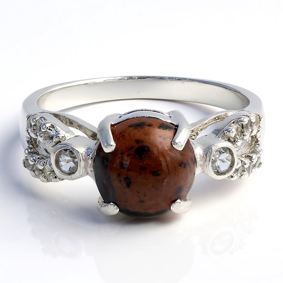 Cavill Bague Argentée Acajou Obsidienne 1,4 ct avec Topaze Blanche 925 Argent Sterling Élégante Pierres Précieuses Naturelles Cabochon Bague