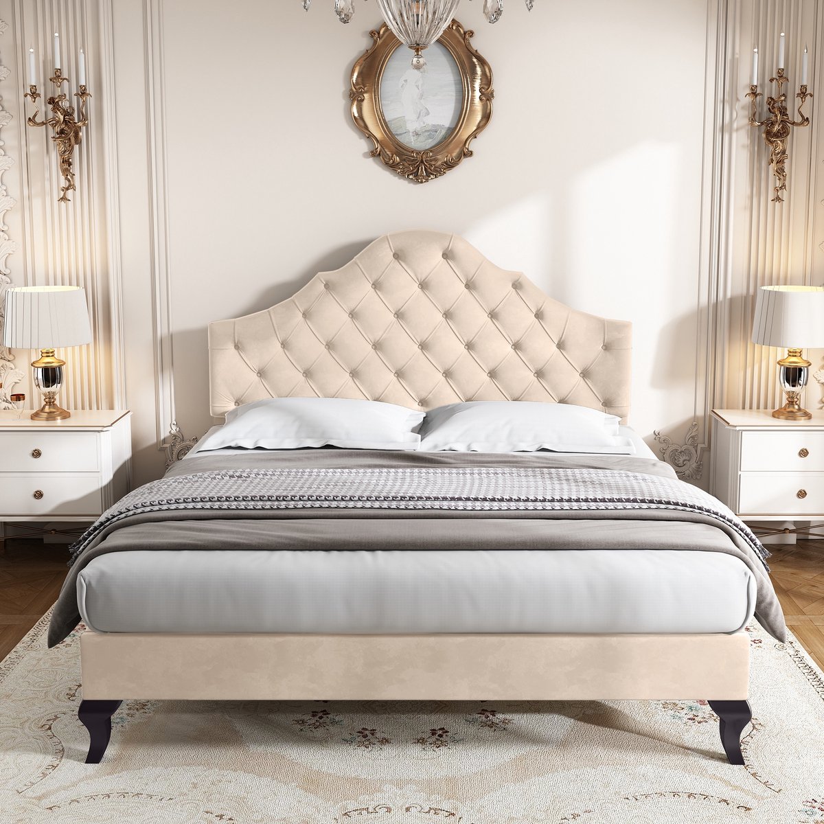 VVBV Gestoffeerd Bed 140x190 cm met Lattenbodem en Verstelbaar Hoofdbord, Fluweel Tweepersoonsbed, Eenvoudige Montage, Beige