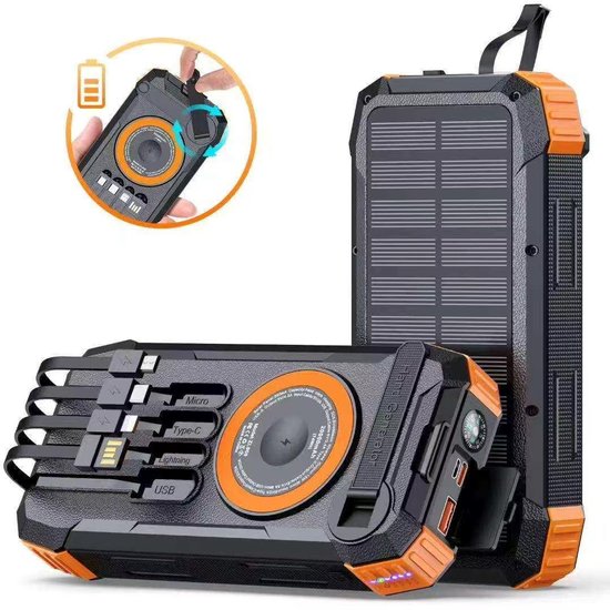 Zwarte en oranje powerbank, staand en liggend. Met zonnepaneel, ingebouwde kabels en draadloos oplaadgebied.