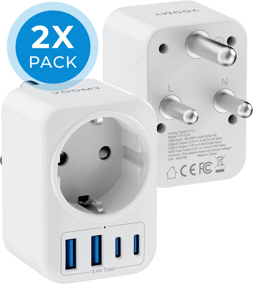 Voomy Reisstekker Zuid Afrika 2x Pack - Met 2 Usb-C & 2 Usb-A - Wereldstekker Type M - Geschikt voor Zuid-Afrika, India, Nepal, Maleisie, Namibie, Sri Lanka, Singapore - Wit
