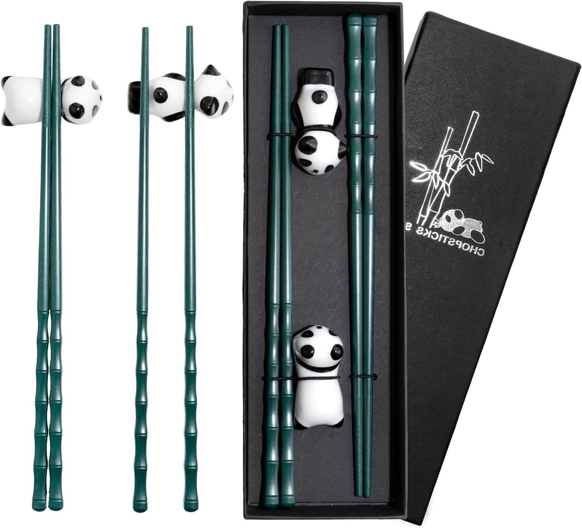 Set van 2 Paar Bamboe Sushi Stokjes met Panda Barhouders in Luxe Cadeauverpakking, Perfect voor Sushi Liefhebbers en Panda Fans