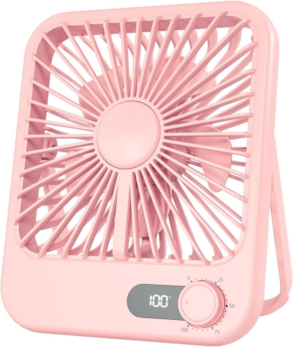 100 Snelheden - Digitaal Scherm - Oplaadbaar - Compacte Bureauventilator - Geschikt voor Slaapkamer, Kantoor, Cruise en Buitengebruik - Roze