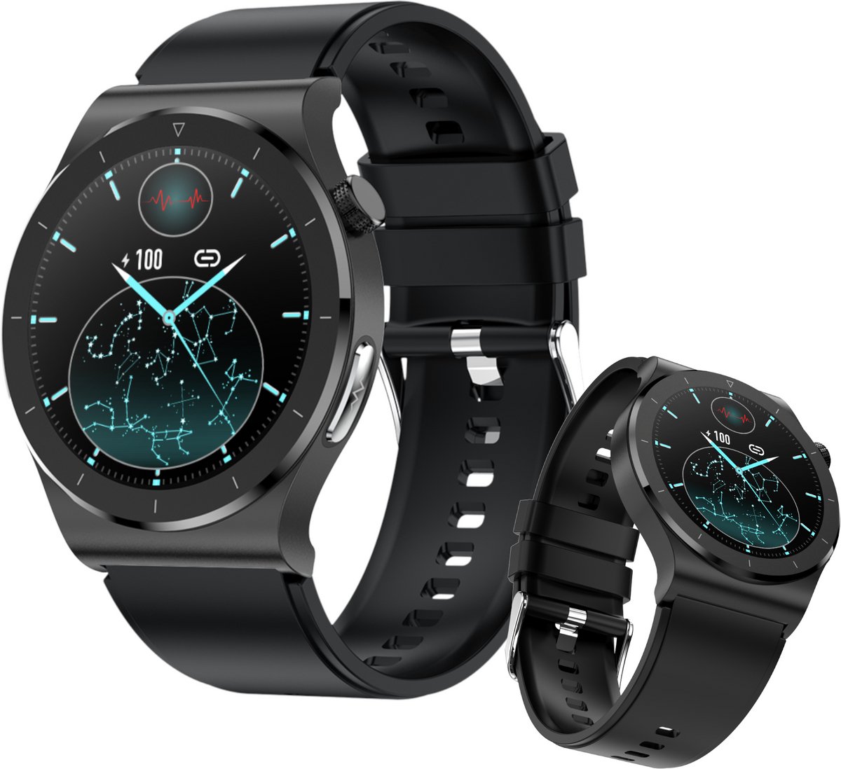 mymonX Smartwatch Heren & Dames - Geschikt voor alle Smartphones - Stappenteller - Gezondheidsrapport - ECG - Bloeddrukmeter - Hartslagmeter - Slaap - Temperatuur - Zwart - 43mm