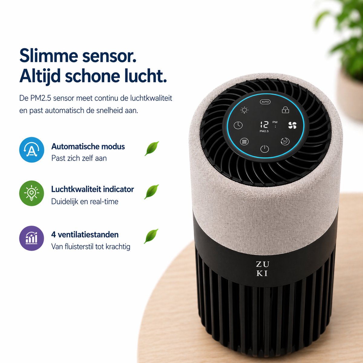 ZUKI Luchtreiniger met HEPA 13 Filter – Tegen Hooikoorts & Allergie – Fluisterstil (28dB) – Voor Slaapkamer – Tot 25m² – CADR 125 m³/u – Met Afstandsbediening — afbeelding 3