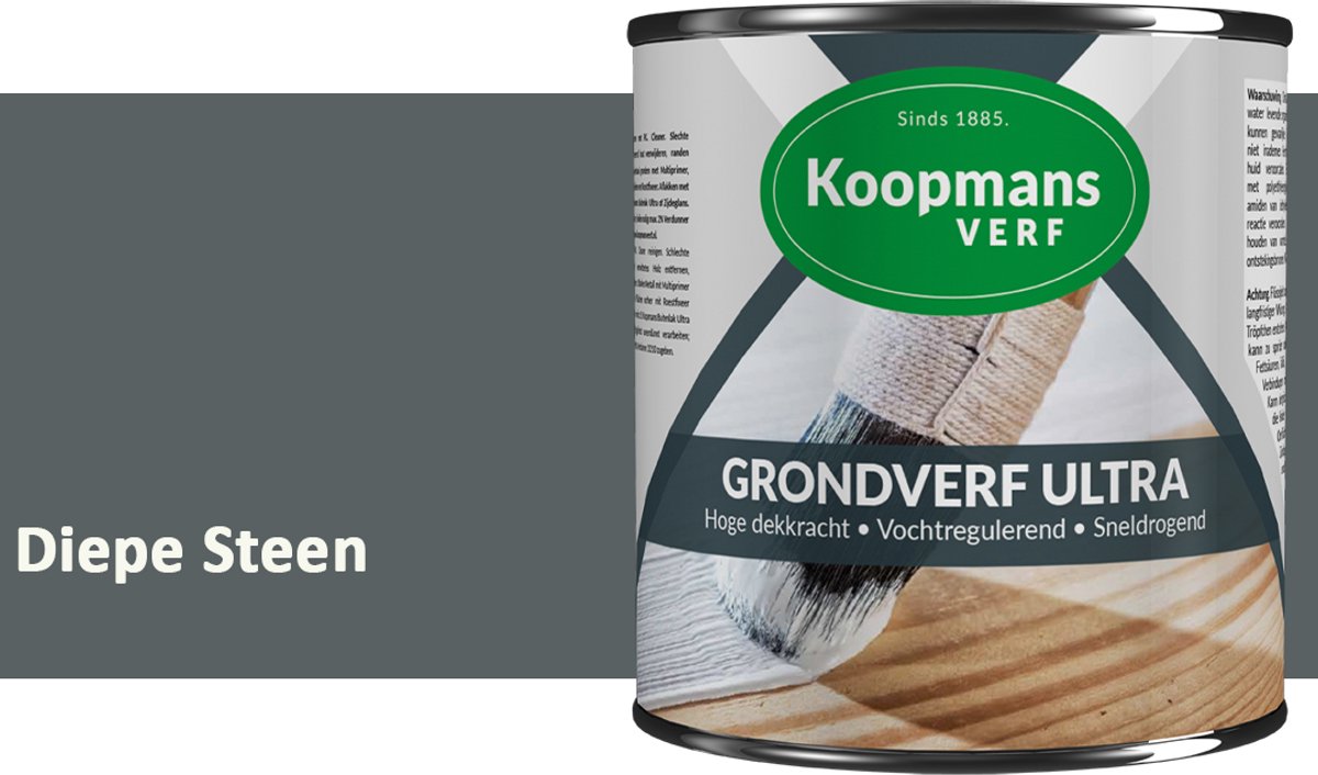 Koopmans Grondverf Ultra – Grondverf Hout & Metaal Binnen en Buiten – Vochtregulerende Primer – Hoge Dekking – Zijdeglans – Diepe Steen – 750 ml