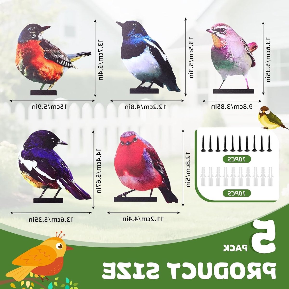 Set van 5 Vogelboom Pluggen voor Tuin Decoratie - Geverfde Tuinaccessoires voor Buiten, Hekfiguren en Balkon Decor