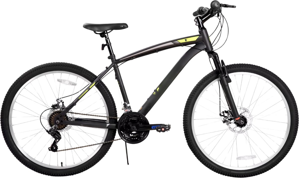 Happiq Mountainbike – Voor en – 18 versnellingen voorverende vork dubbele mechanische schijfrem – 66 cm geel