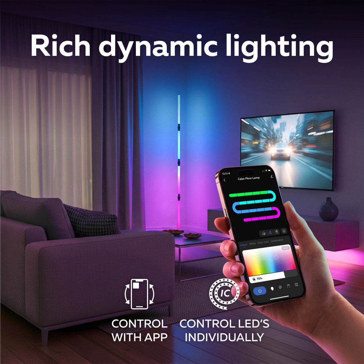Calex Slimme LED Vloerlamp - Smart Wifi Hoeklamp - Staande Lamp - Sfeerverlichting Dimbaar RGB en Wit Licht - Bediening via App - 140cm thumbnail 4