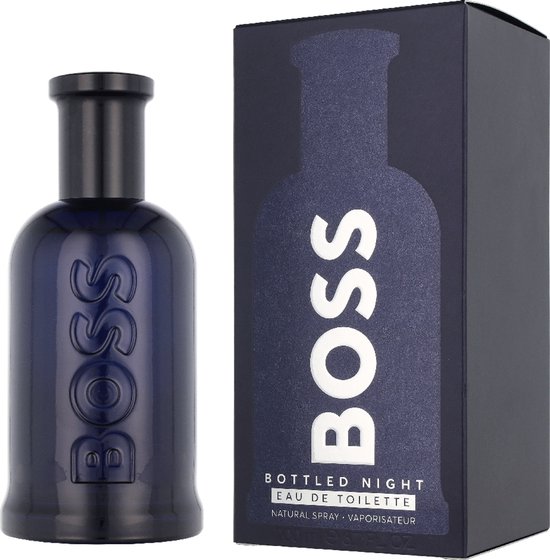 Hugo Boss Bottled Night eau de toilette fles van 200ml en bijpassende doos met silhouet van de fles.