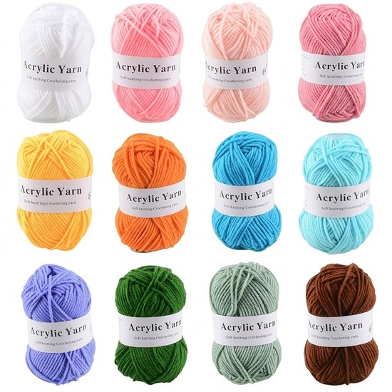 Twaalf bollen acryl garen in de kleuren wit, roze, lichtroze, lichtpaars, geel, oranje, cyaan, lichtblauw, paars, groen, lichtgroen en bruin.