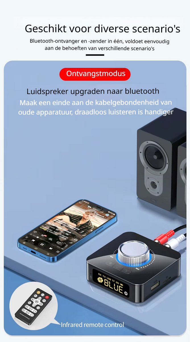 DrPhone AudioBridge Bluetooth 6.0 Adapter - Zender & Ontvanger - AUX RCA - USB microSD - Display - Afstandsbediening - Zwart van DrPhone — afbeelding 4