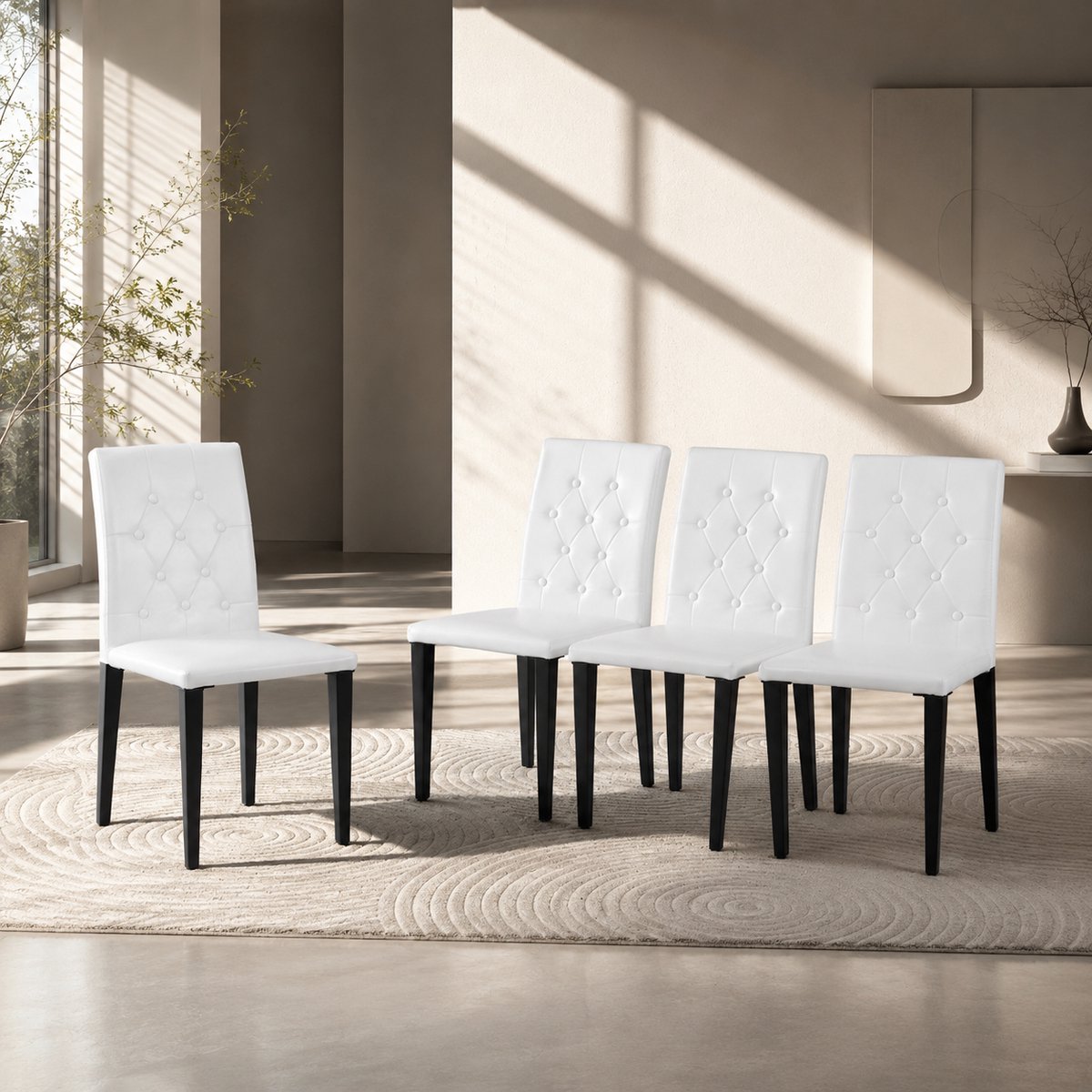 Welltin Eetkamerstoelen Set Van 4 - Eetkamerstoel - Eetkamerstoelen - Ergonomisch - Gewatteerde zitting - PU - Metalen stoelpoten - Modern Design - Wit, zwart