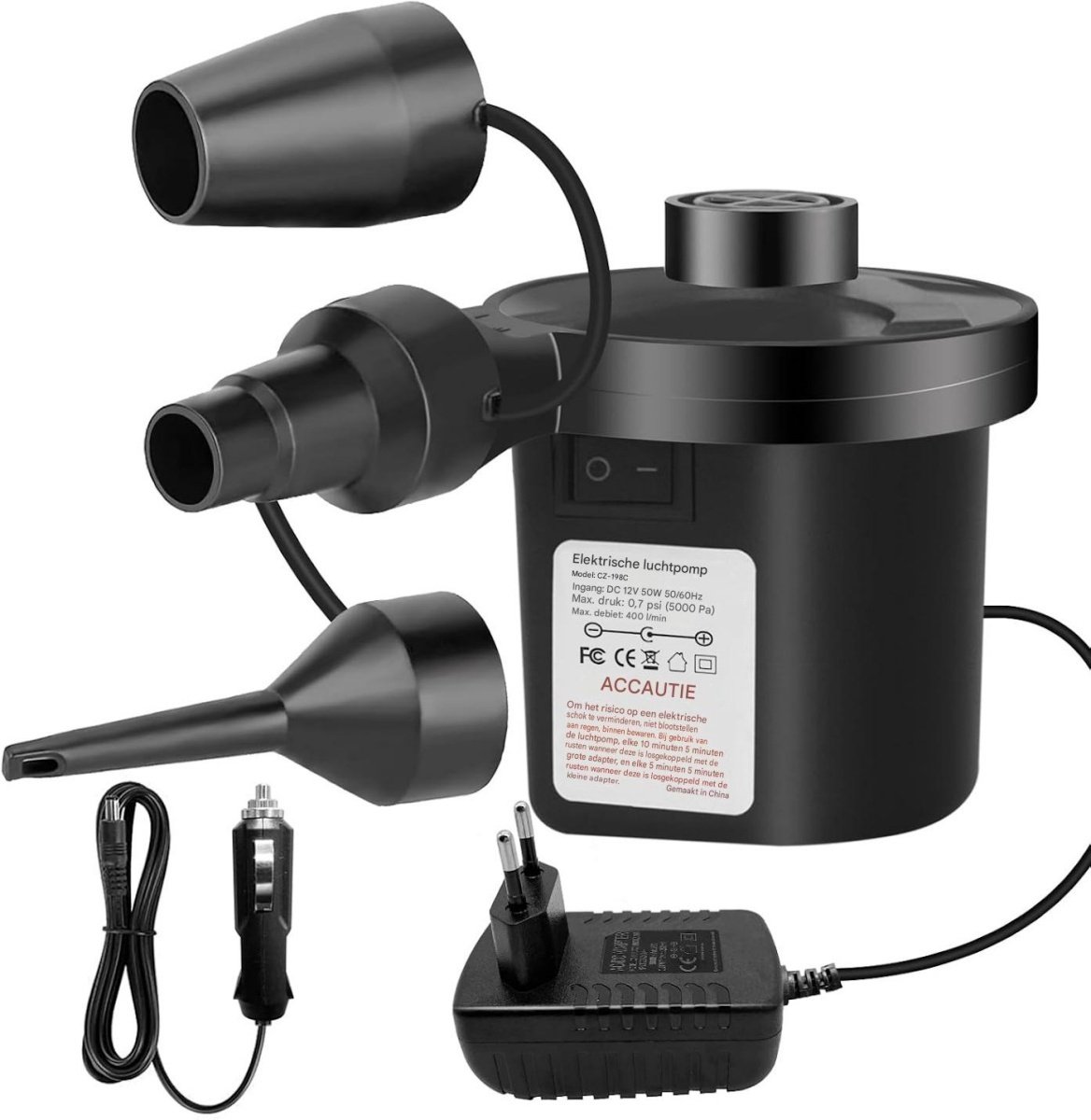 GELLDG Elektrische Luchtpomp - 2-in-1 Opblazen en Leegpompen - 450L/min, 50W, 230-240V - Geschikt voor Opblaasbed, Boot, Zwembad en Zwemband - ABS Materiaal - 3 Uitneembare Pijpjes - 8.5x6x9cm