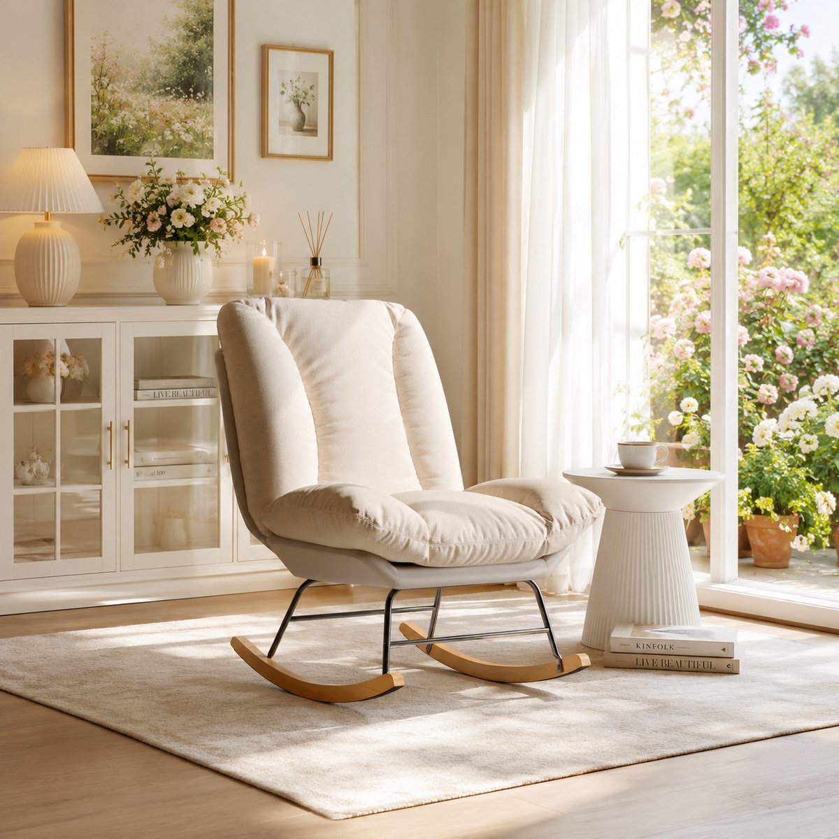 Schommelstoel - 5 standen - Met verstelbare rugleuning - Relaxfauteuil - Ligstoel - 74×90×105cm - geschikt voor woonkamer en slaapkamer -- Linnen + Technische stof - Beige