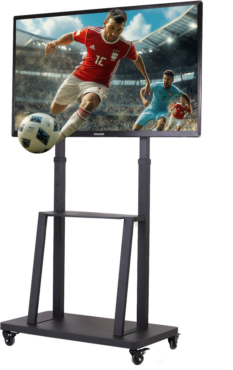 unho Mobiel TV Staander op Wielen - Heavy Duty TV Trolley ;- voor 32-80 inch LCD LED OLED Flat TV's - Rolling TV Floor Stand - 2 Tier Metalen Plank - In Hoogte Verstelbaar - Geschikt tot 65kg - Max VESA 600x400mm