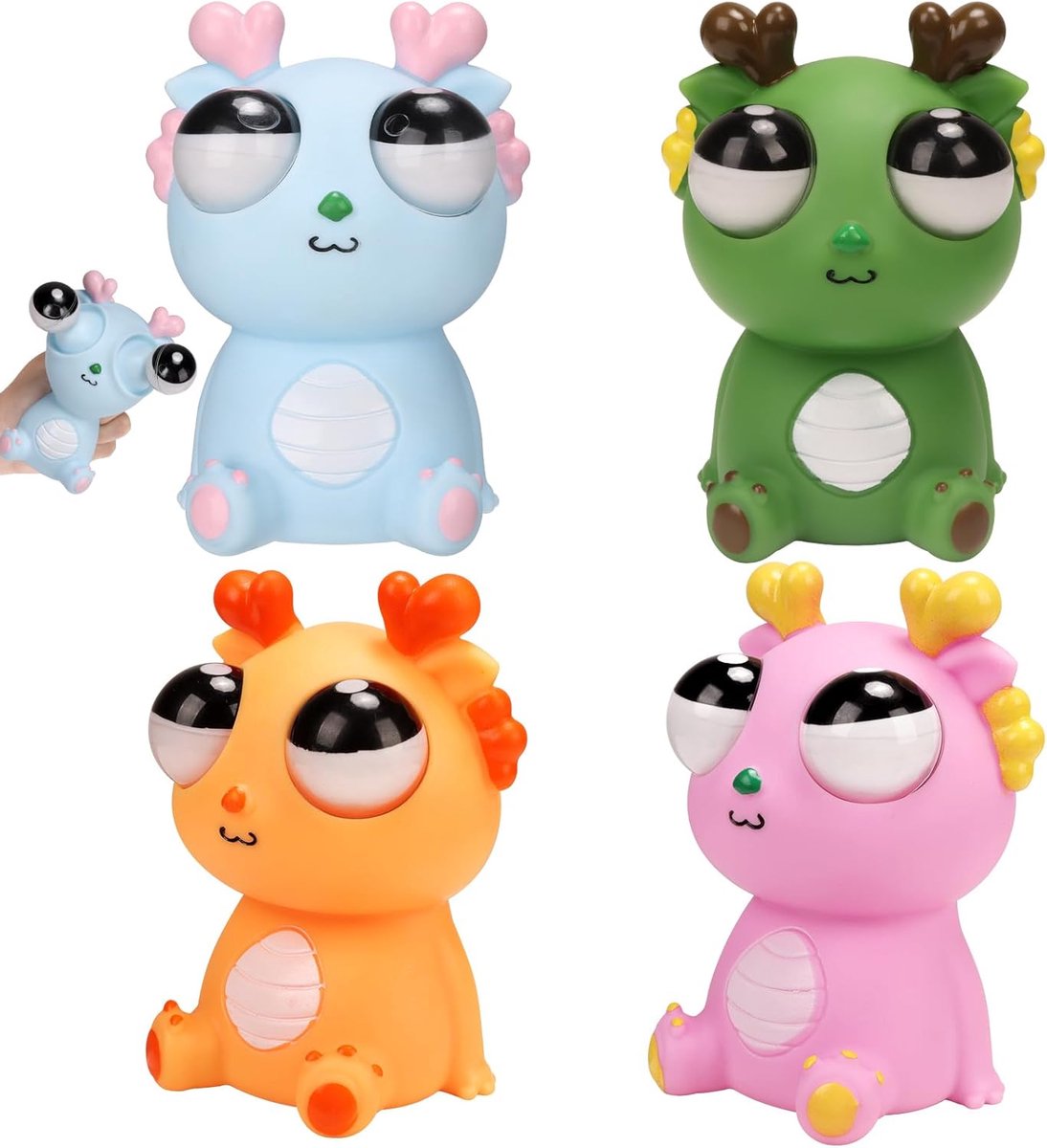 Oneay 4 stuks Stress Speelgoed met Uitpuilende Ogen – Knijpspeelgoed Draakje, Squishy Fidget Toy tegen Stress en Verveling, Grappig Cadeau voor Kinderen en Volwassenen