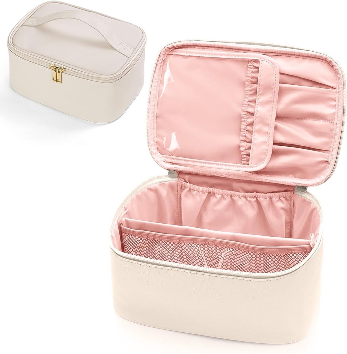 Grote Waterdichte Toilettas voor Vrouwen, Reistas met Verwijderbare Divider en Handvat, Ideaal voor Make-up en Reizen, Beige, 24 x 16,5 x 12 cm