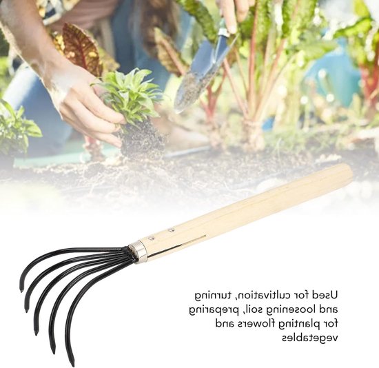 Ergonomische handhark met 5 stalen tanden en houten handvat voor tuinieren, grondbewerking en beluchting van de bodem — afbeelding 3