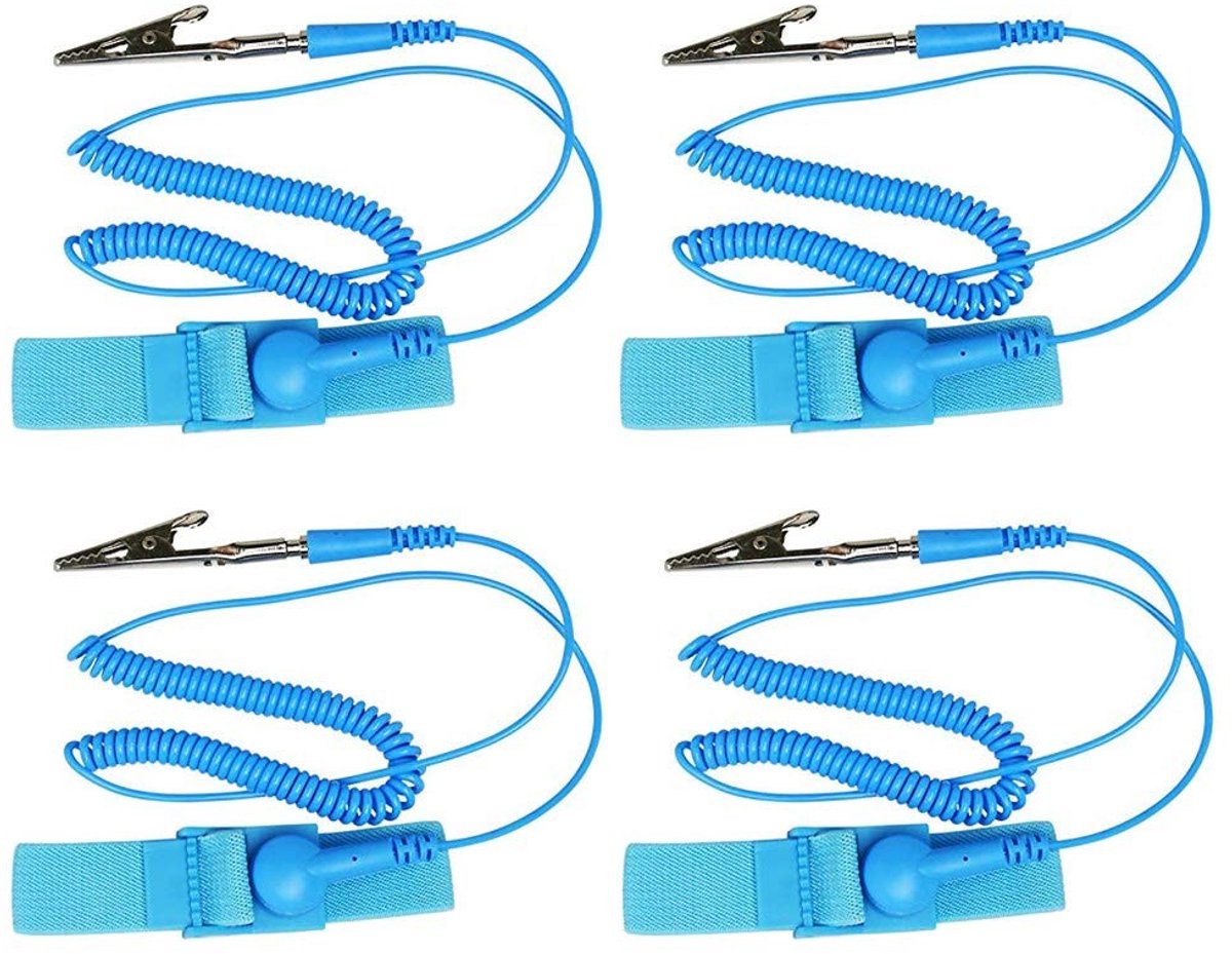 Byshayne - Set van 4 Antistatische Polsbandjes - ESD-ontladingsband - Vermindert Schade aan Elektronica - Blauw - Aardingspolsband - Ideaal voor Ele...