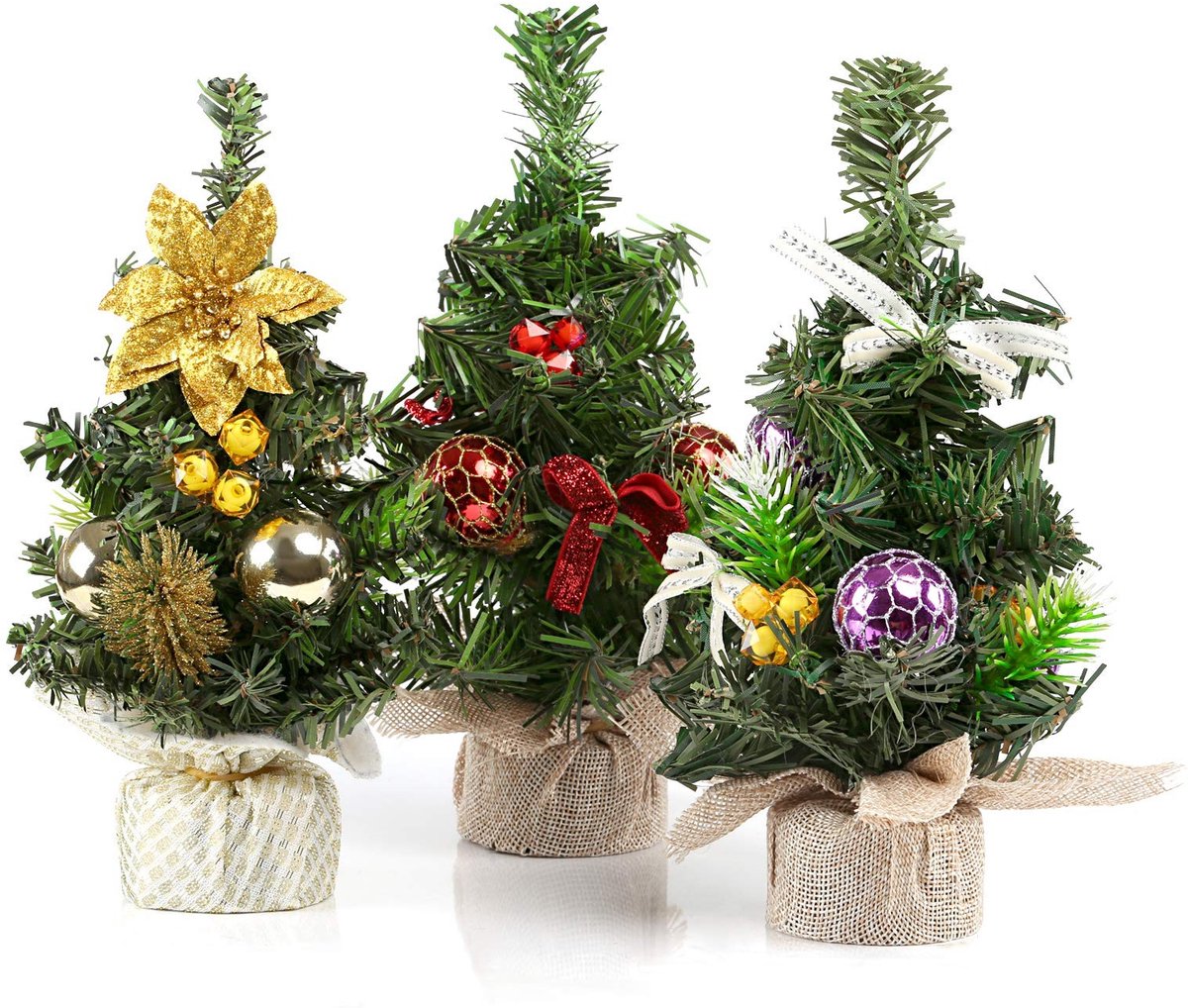 Cosensi- Kunstkerstboom 3 Stuks - Kleine Dennenboom - Mini-Kerstdecoratie - Kunstkerstboom met Kerstballen/Strikken - Flexibele Takken - 22 x 11 cm - Kerstboom