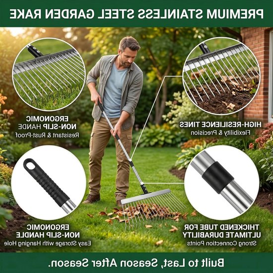 Robuuste Tuinhark met RVS Handvat van 160 cm en 21 Tanden, Ideaal voor Bladeren, Gras en Mulch, 40 cm Brede Hark voor Tuin en Gazon — afbeelding 5