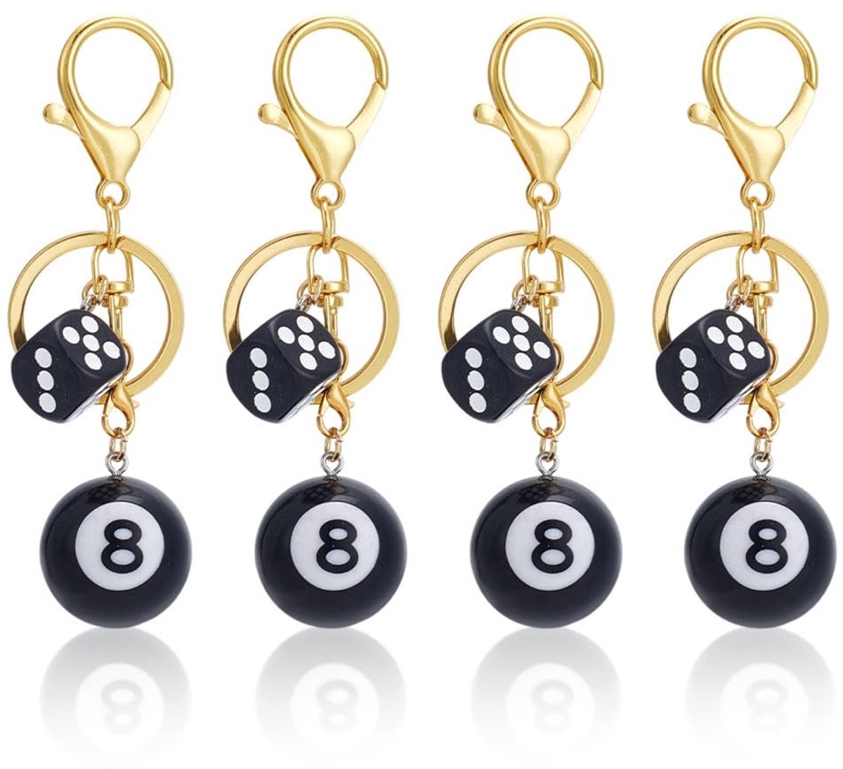 Cosensi- Sleutelhanger - 4 stuks - Zwart kunststof - Biljartbal/dobbelsteen - IJzeren ringen - Geluksbrenger - Harsbal voor sieraden - Sleutelhangeraccessoires
