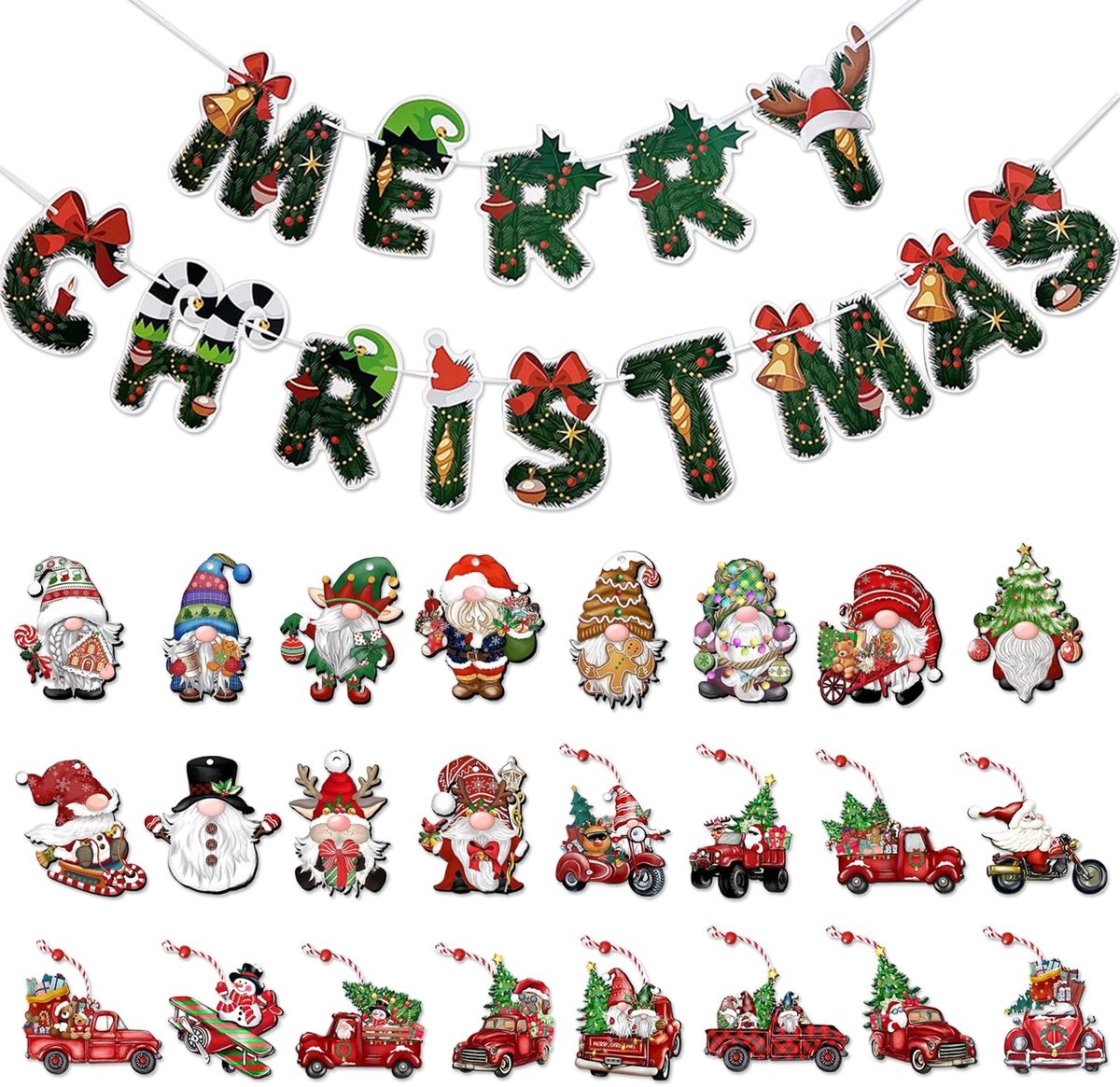 Cosensi- Kerstversiering 49 Houten Ornamenten - Kabouters Hangers - Merry Christmas Banner - Boomdecoratie - Feestelijke Sfeer - Geluk Brengen - Kerstdecoratie