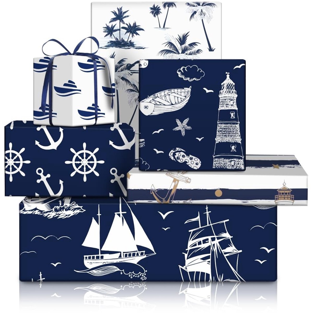 Cosensi- Inpakpapier Oceaan - Nautisch Thema - 50 x 70 cm - 6 Vellen met Rol - Mariene Patroon - Duurzaam en Handig - Cadeaupapier