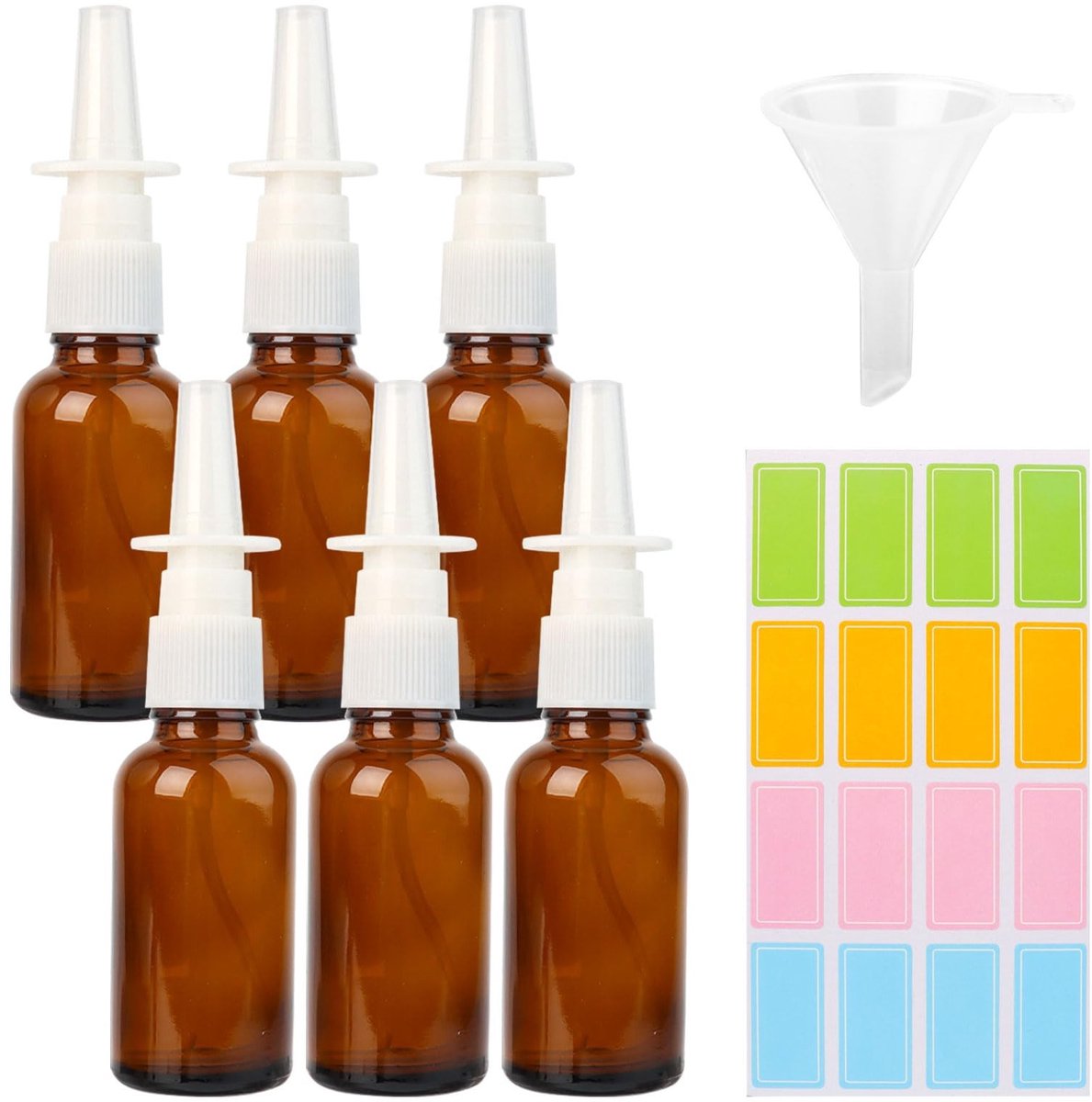 Cosensi- Neusspray Set van 6 - Lege Glasflessen 30 ml - Herbruikbaar - Spuitkoppen - Trechter - Labels - Sprayfles