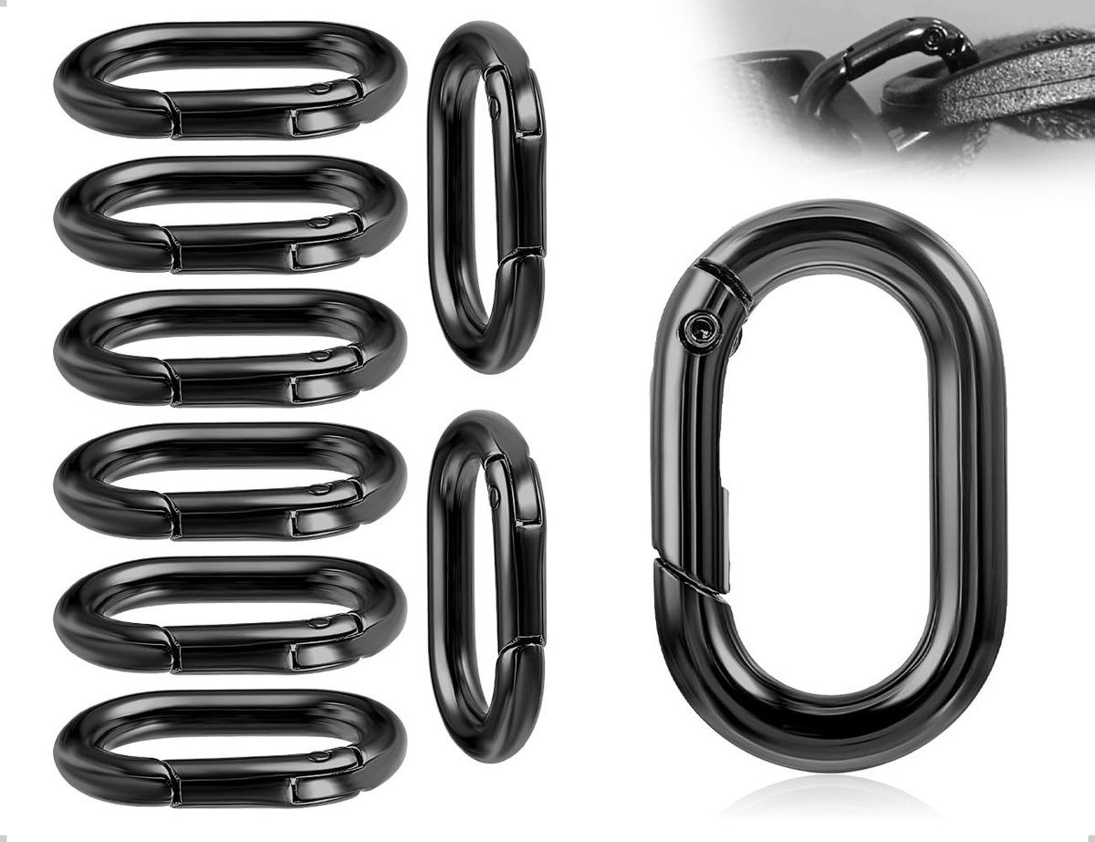 Cosensi- Karabijnhaken Set van 8 - Kleine Karabijnhaken - Veergespen - Veersplitringen - Rugzakhangers - Zwart Ovaal Ontwerp - Lijndikte 4,8 mm - Sleutelhanger