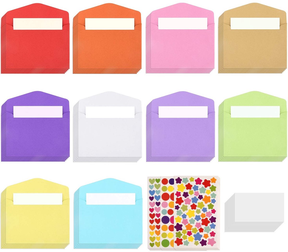 Cosensi- Envelopjes 218-delige set - 100 stuks met zakje - 100 stuks blanco cadeaukaarten - 18 vellen stickers - 11,5x8cm - Voor brieven en uitnodigingen - Mini-enveloppen